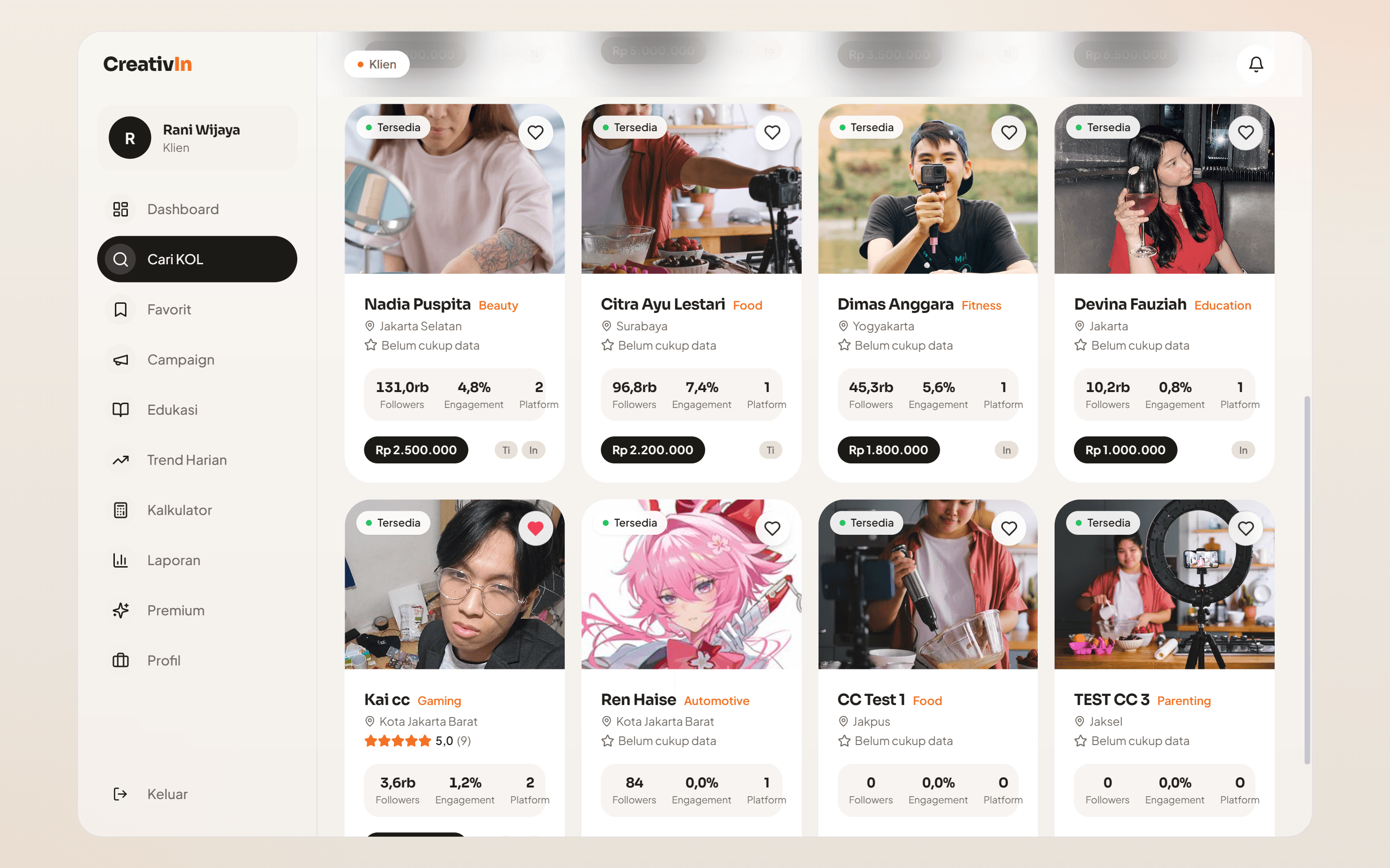 Creator search page: eight creator cards in a grid, each showing niche, city, follower count, engagement rate, number of connected platforms, and starting rate
