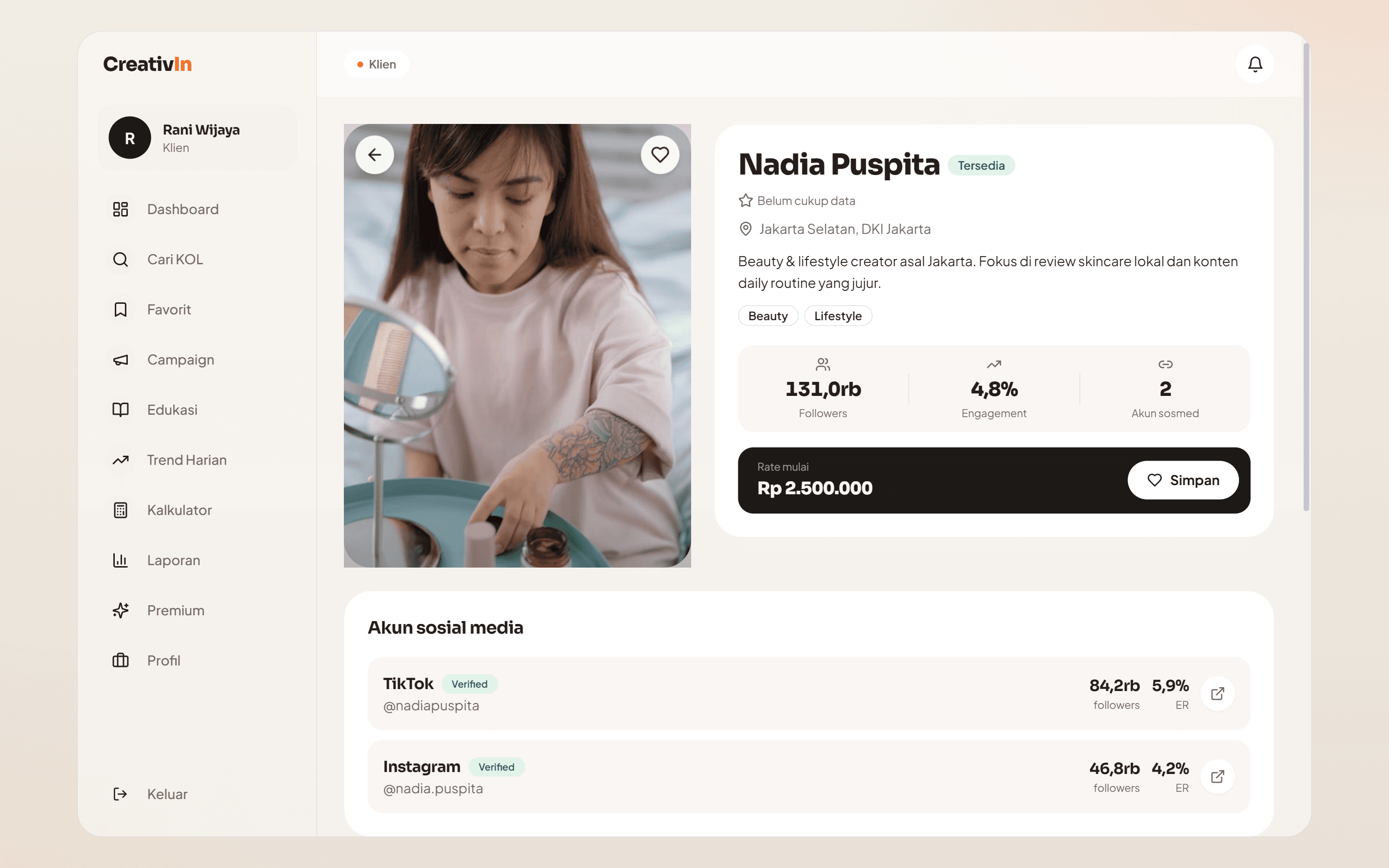 Creator profile for Nadia Puspita showing 131 thousand followers and 4.8 percent engagement, with TikTok and Instagram accounts both marked Verified