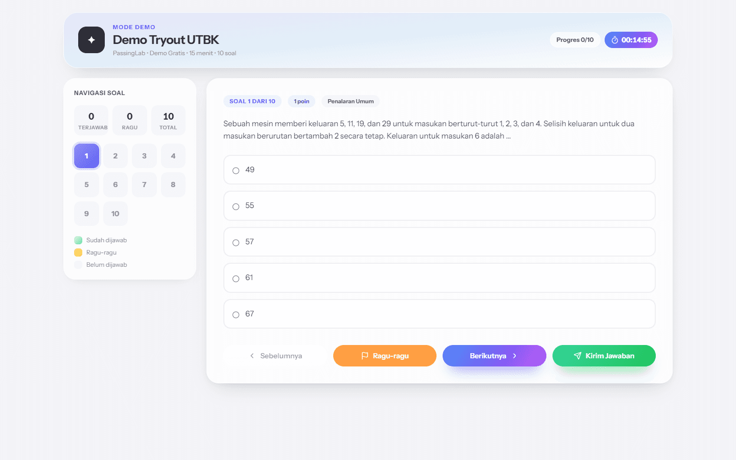 PassingLab exam screen with a multiple-choice question, five options, a running countdown timer, and a question navigator marking answered, flagged, and unanswered items.
