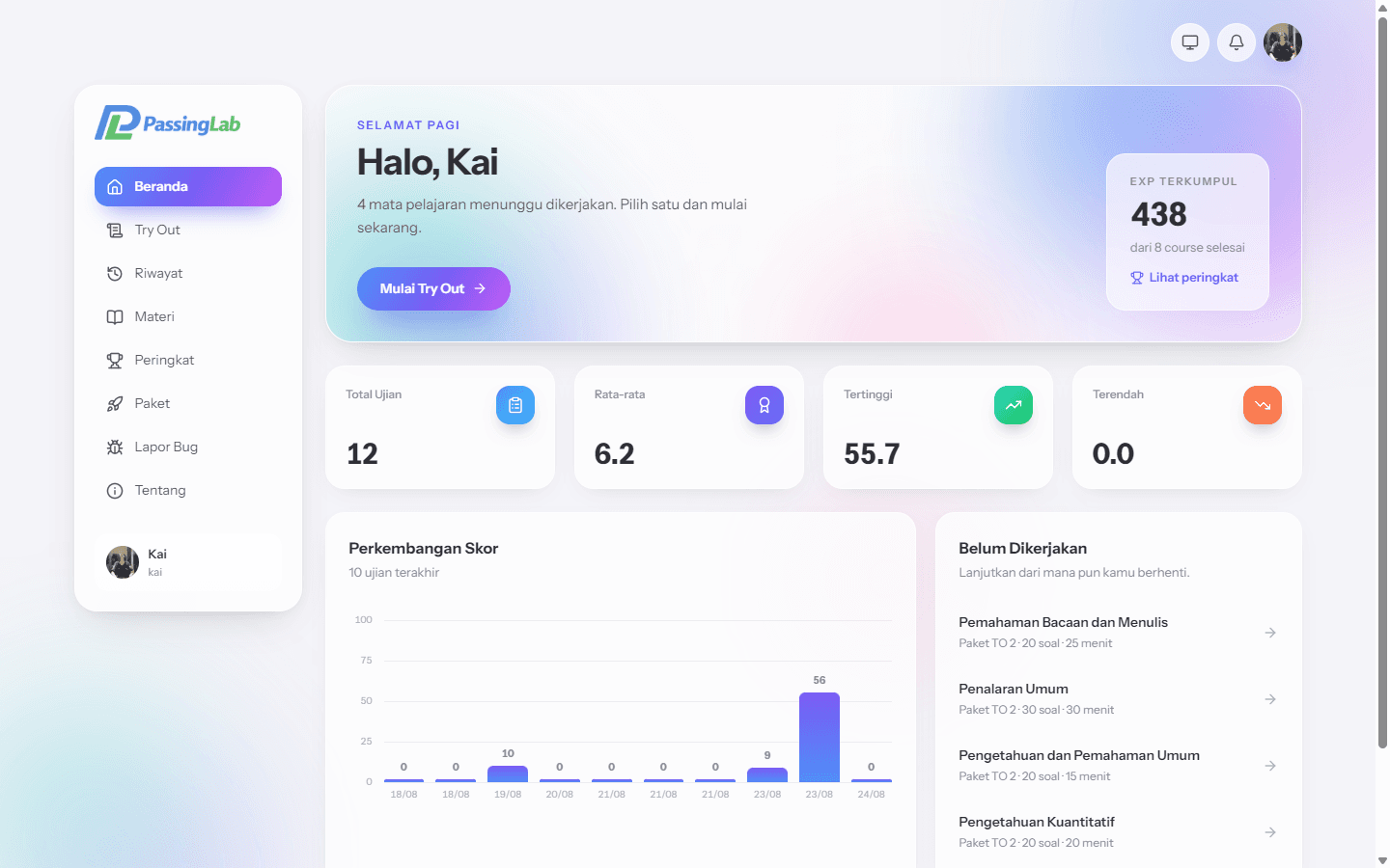 PassingLab student dashboard with collected EXP, total exams taken, average, highest and lowest score, and a bar chart of the last ten scores.