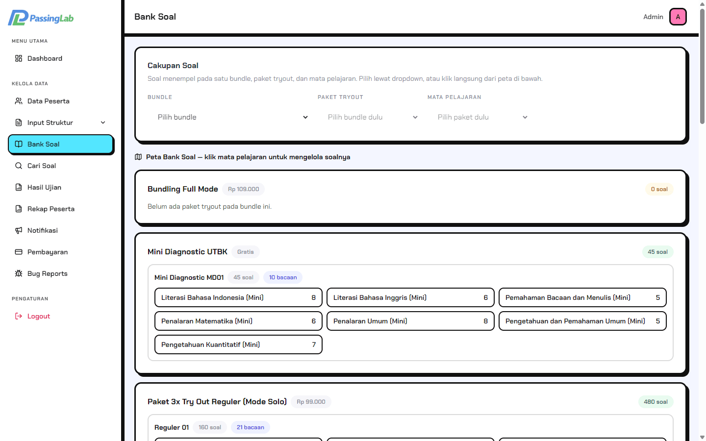 Question bank workspace in the PassingLab admin panel: bundle, tryout package, and subject selectors above a map of packages with their question counts.