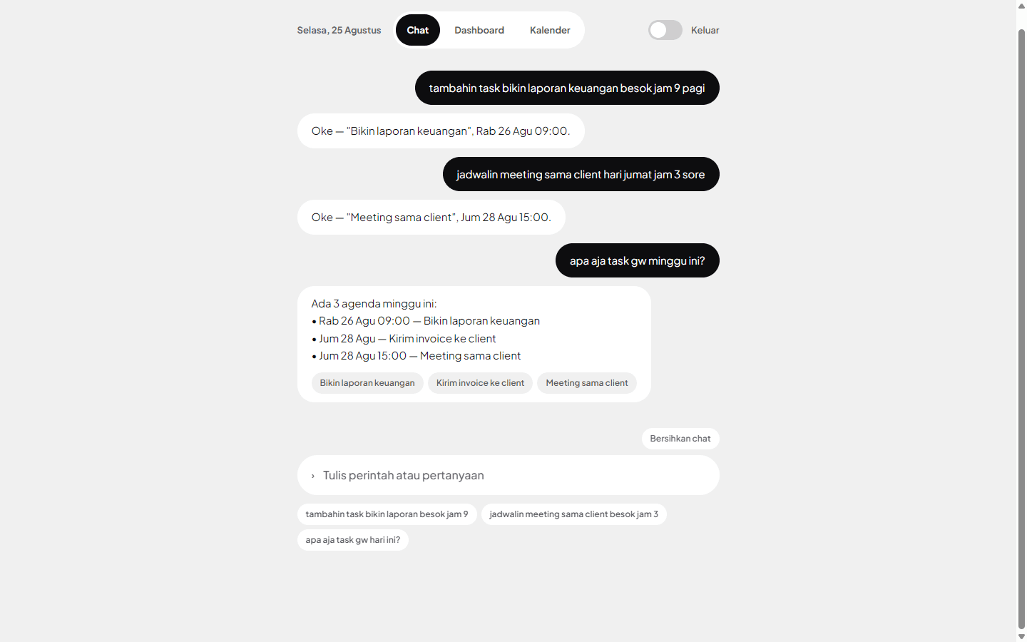 HakaiTask chat screen where three plain sentences have been turned into scheduled tasks, each reply confirming the title and time it parsed.