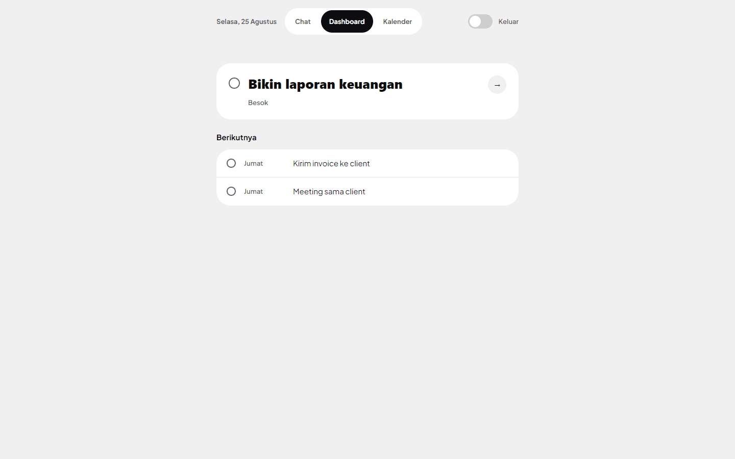 HakaiTask dashboard showing the next task as a large card, with the remaining tasks listed underneath by day.