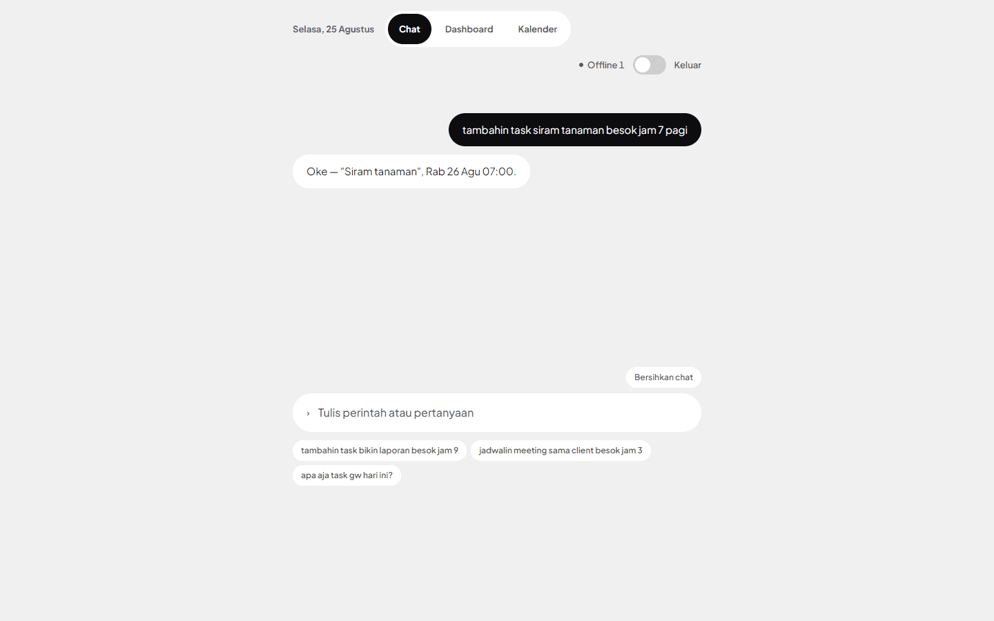 HakaiTask turning a sentence into a scheduled task while the browser is offline: the header shows an offline badge and one change waiting to sync.