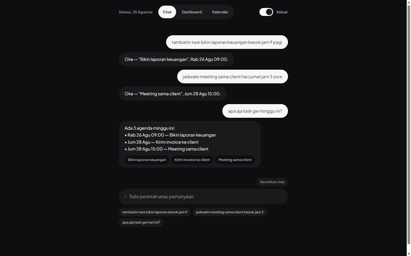 The same chat in dark mode, answering a question about the week with a list of three scheduled items.