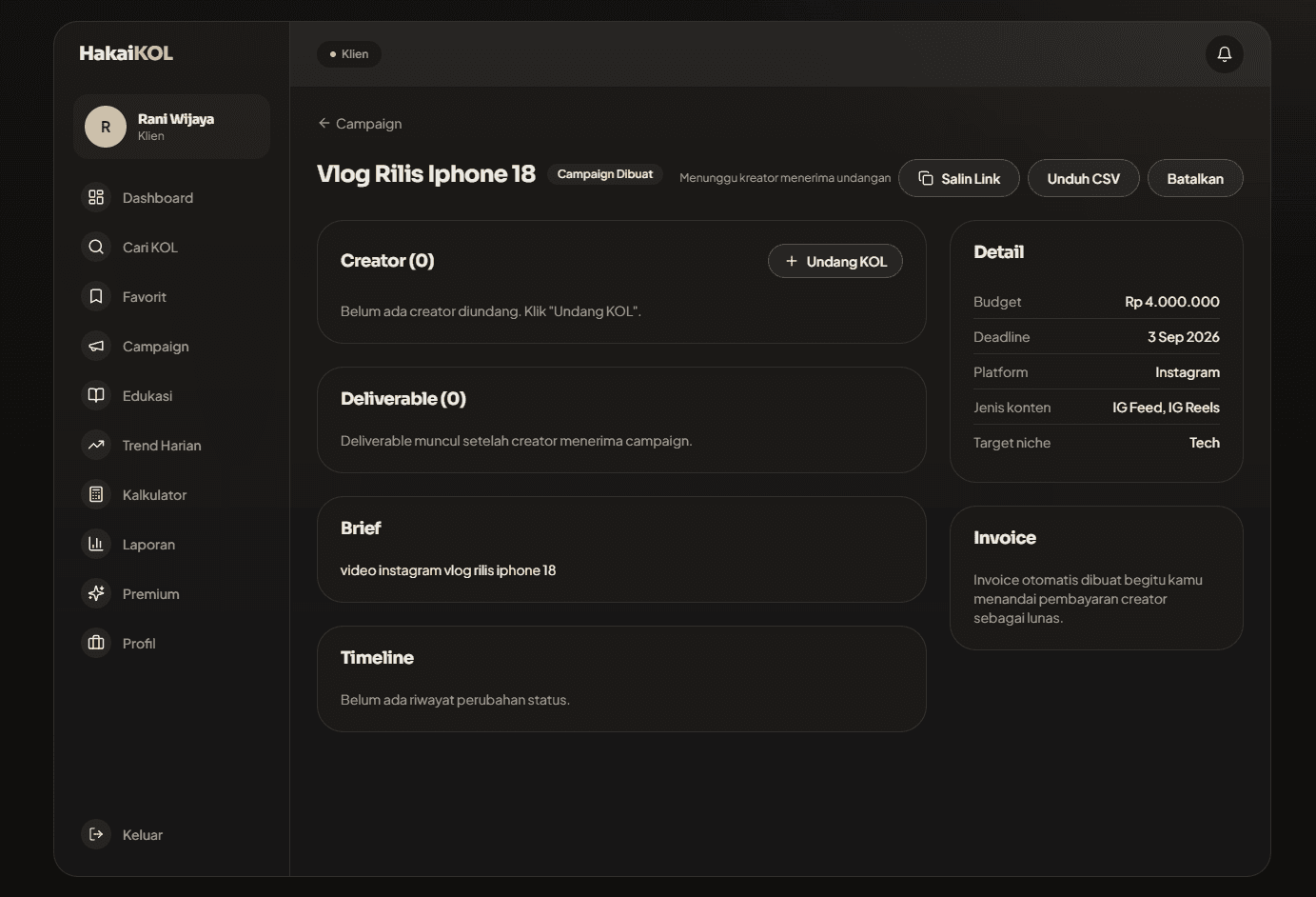 Client view of the campaign "Vlog Rilis Iphone 18" with its creator list, deliverables, brief, timeline, and a detail panel showing budget, deadline, platform, and target niche