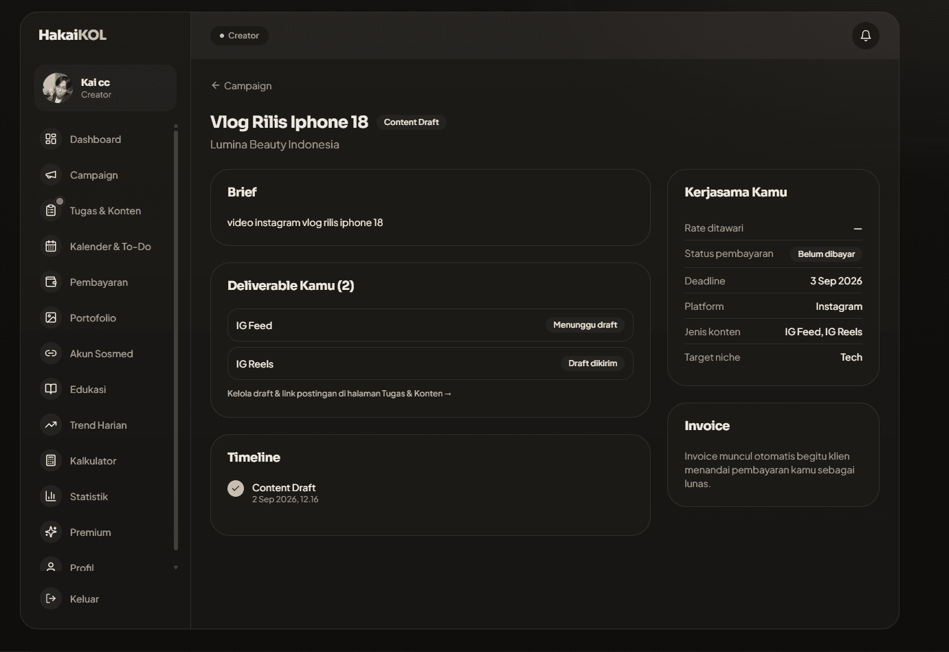 Creator view of the same campaign showing the brief, two deliverables with draft status, a timeline entry, and a panel with the offered rate, payment status, and deadline