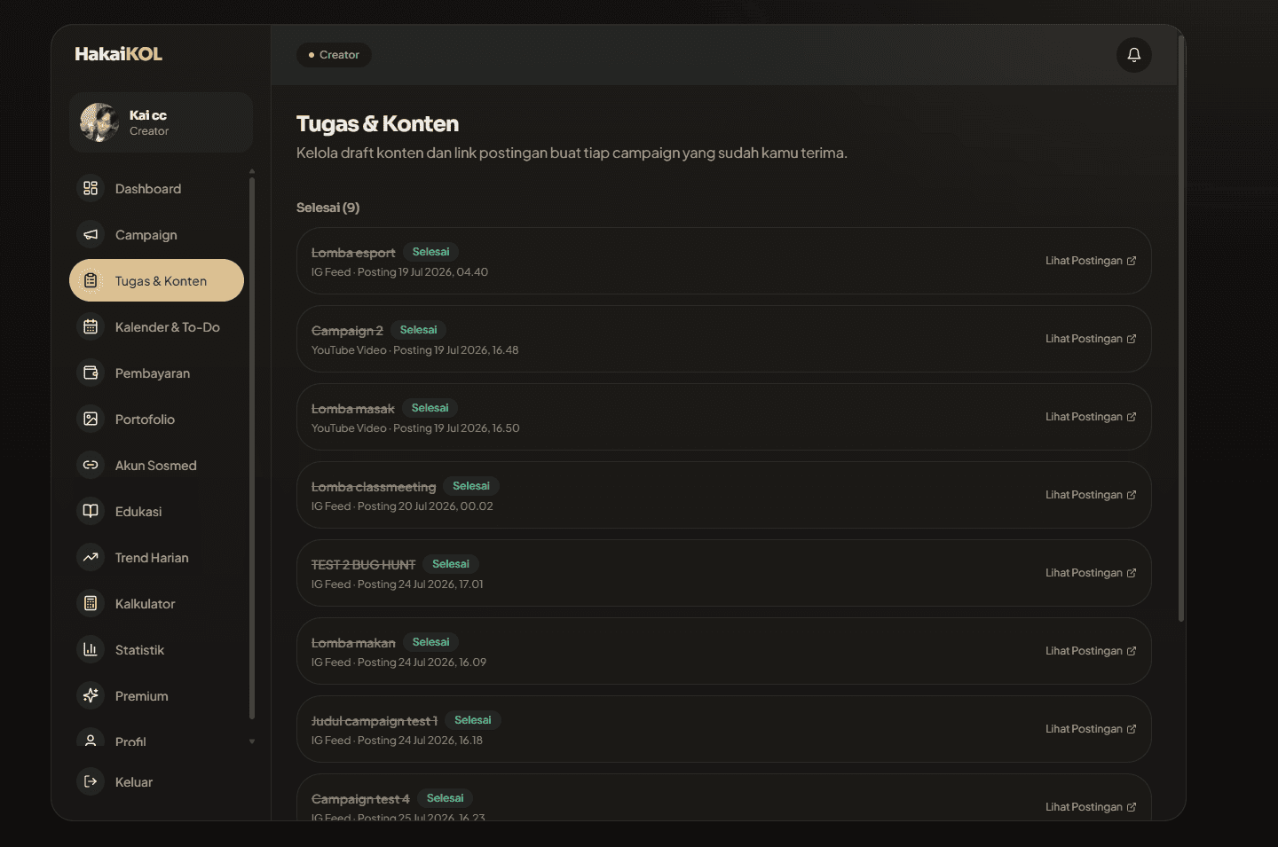 Tasks and content page listing nine finished deliverables, each with its platform, posting time, and a link to the published post