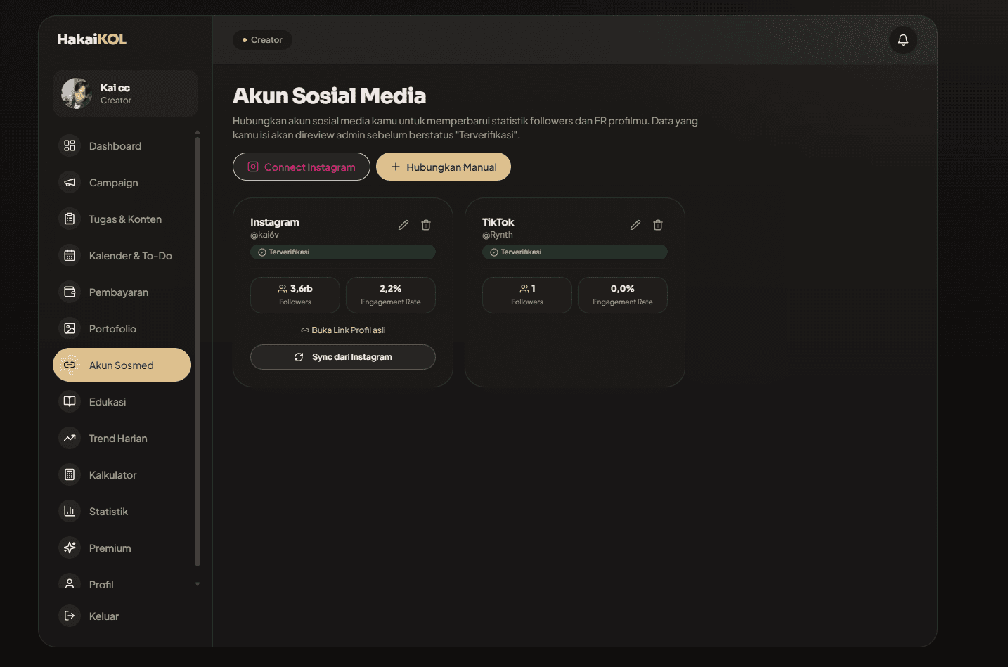 Social account page with verified Instagram and TikTok cards showing follower count and engagement rate, plus buttons to connect Instagram or add an account manually