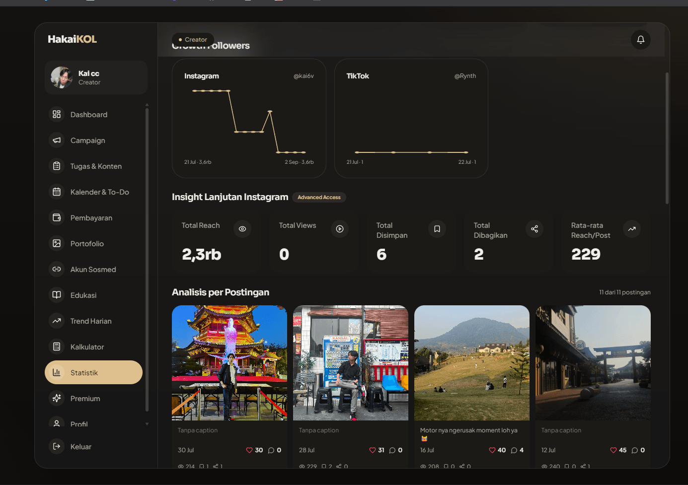 Creator statistics page with follower growth charts for Instagram and TikTok, reach and saves totals, and a per-post breakdown of likes, comments, and views