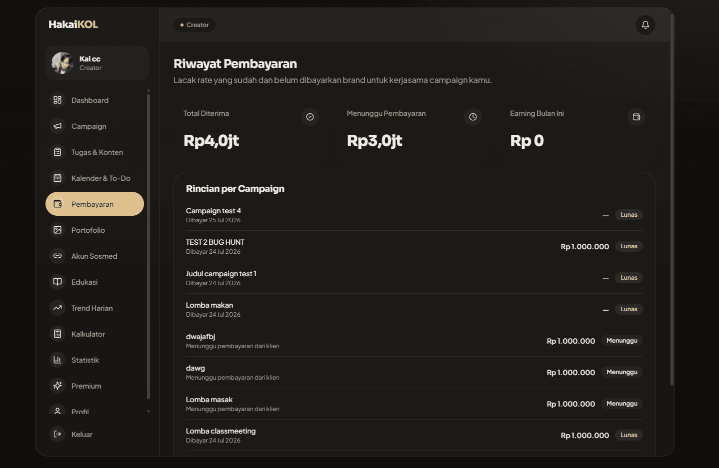 Payment history listing what each campaign paid, split into totals received and still pending, with per-campaign rows marked paid or waiting