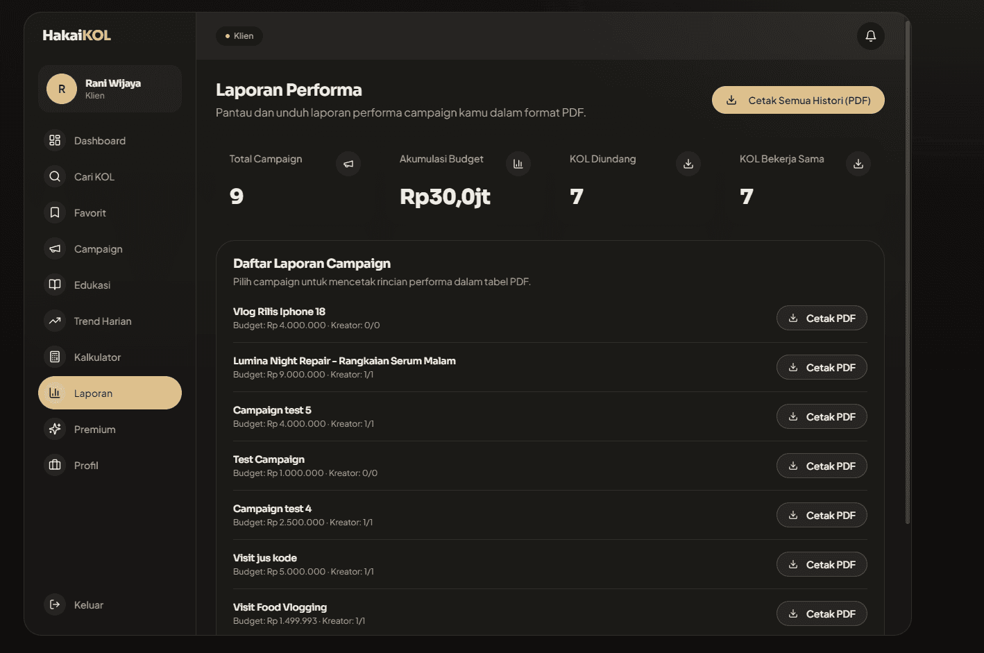 Client performance report page totalling nine campaigns and their combined budget, with a per-campaign list and a print to PDF button on each row