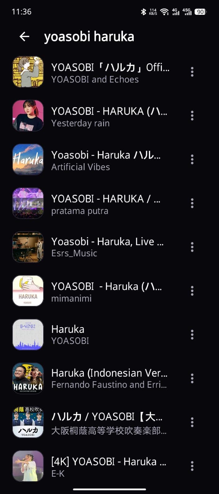 Search results for one song, listing ten different uploads of it with their thumbnails and channel names