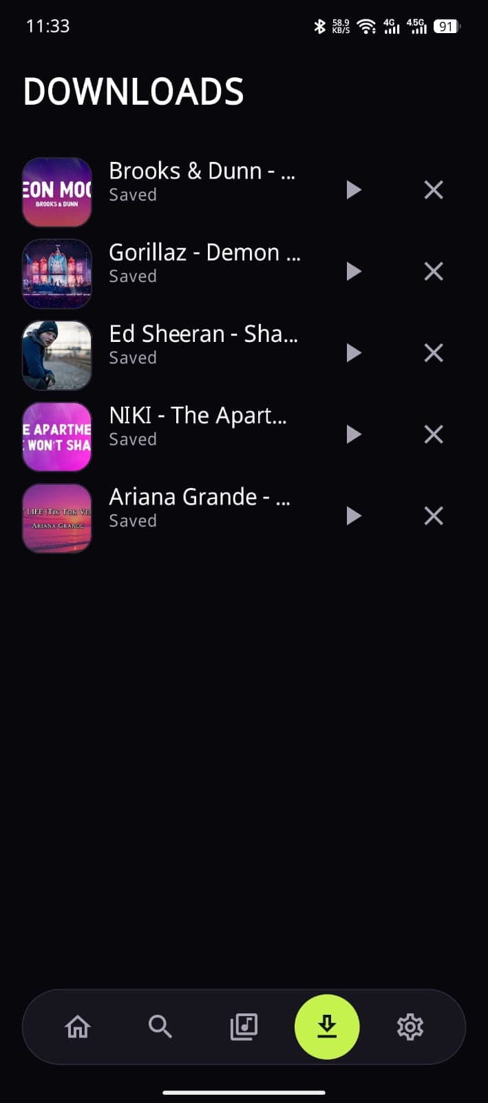 Downloads screen listing five saved tracks, each marked Saved with a play button and a control to remove it