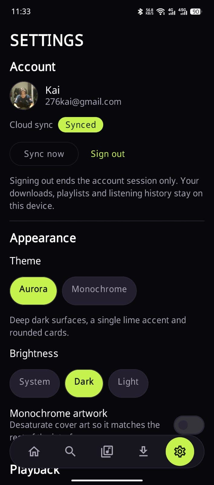 Settings screen with the signed-in account and cloud sync marked Synced, a note that signing out keeps downloads and history on the device, and theme options Aurora and Monochrome with a brightness choice
