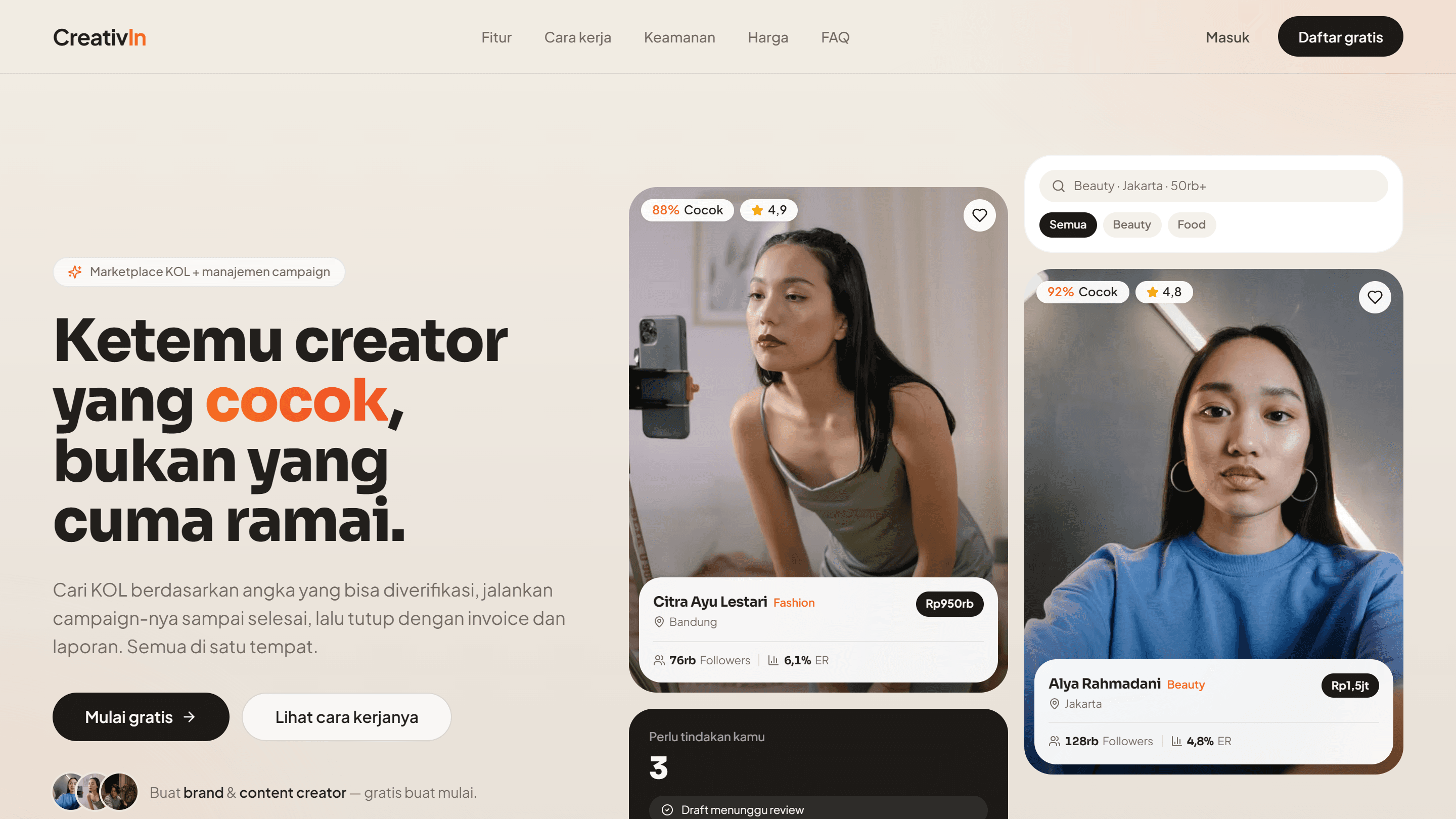Creativin landing page with the headline "Ketemu creator yang cocok, bukan yang cuma ramai" and two creator cards showing match score, followers, and engagement rate