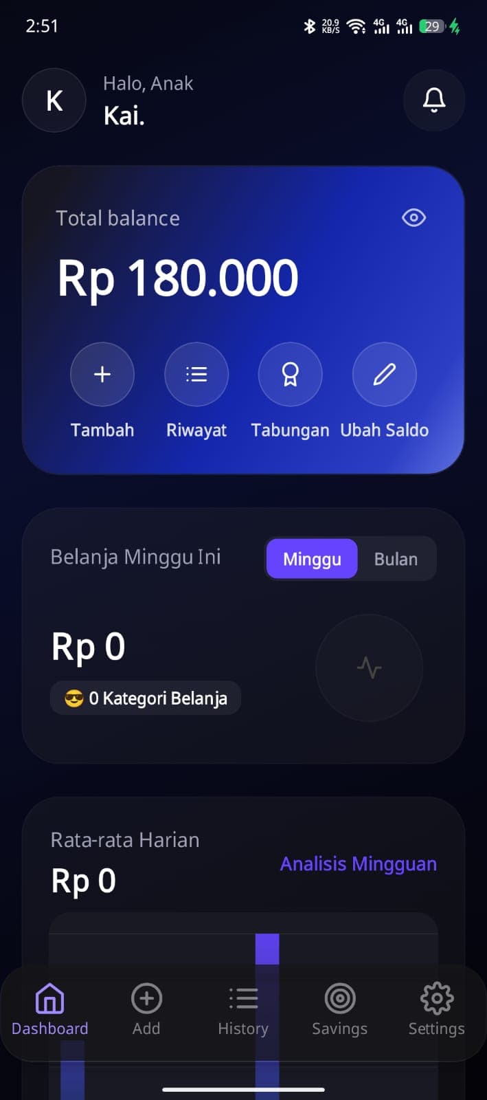 KaiCash home screen showing the current balance and recent transactions