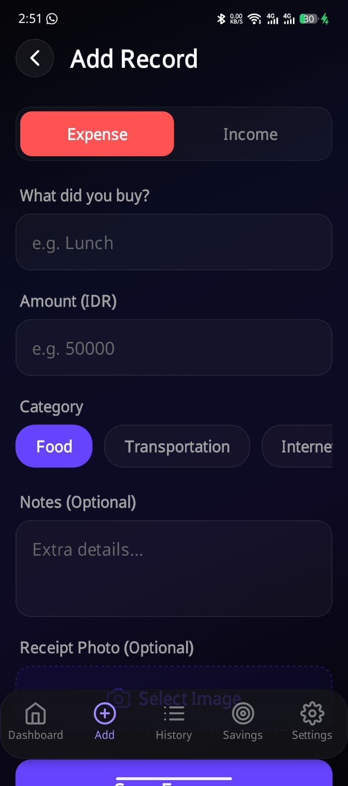 Add record screen where a transaction name, amount, and category are entered