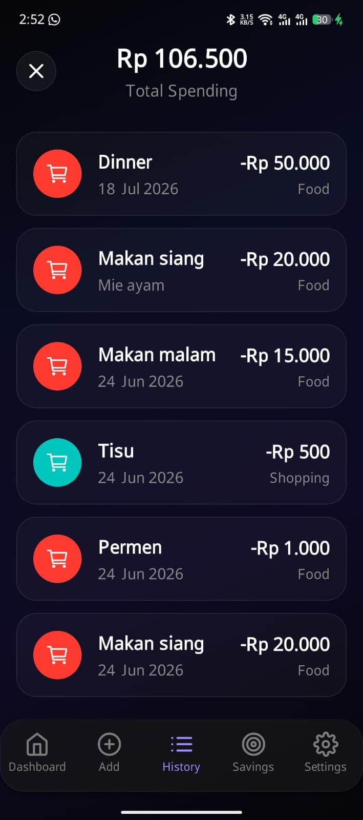 Transaction history listing past records grouped by date