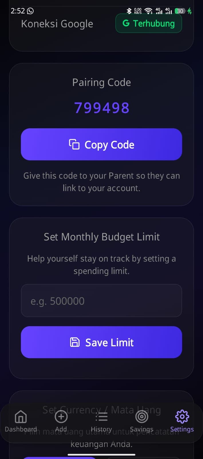 Account pairing screen used to link a parent account for spending oversight