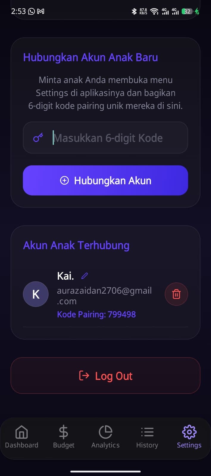 Settings screen with account, budget, and notification preferences